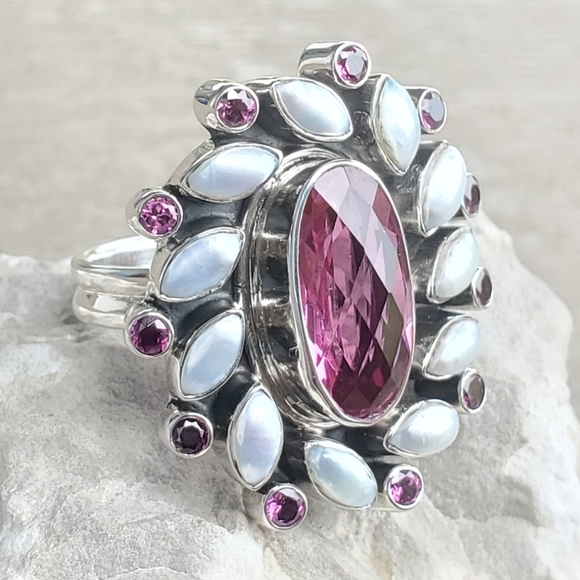 New NB Nicky Butler 925 Sterling Silver Pink Quartz Garnet Pearl Size 6 Ring - Picture 6 of 12